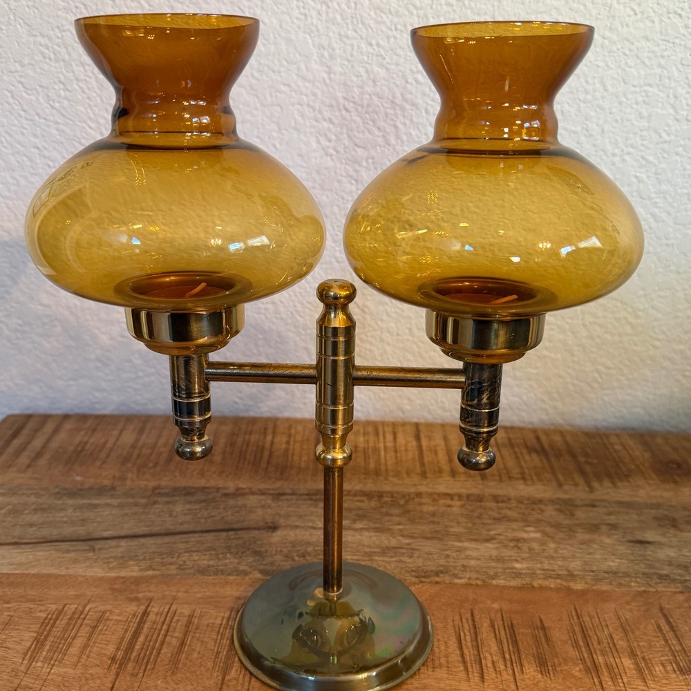 Vintage Brass Double Arm Candelabra Amber Glass Hurricane Tea Light Holder MCM